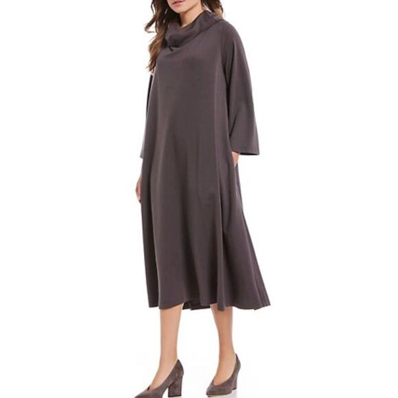bryn Walker Dresses & Skirts - Elegant Taupe Long-Sleeve Midi Dress with Cowl Neck